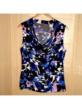 Worthington Womens Blue Floral Silky Stretchy Drape Neck Sleeveless Top XL